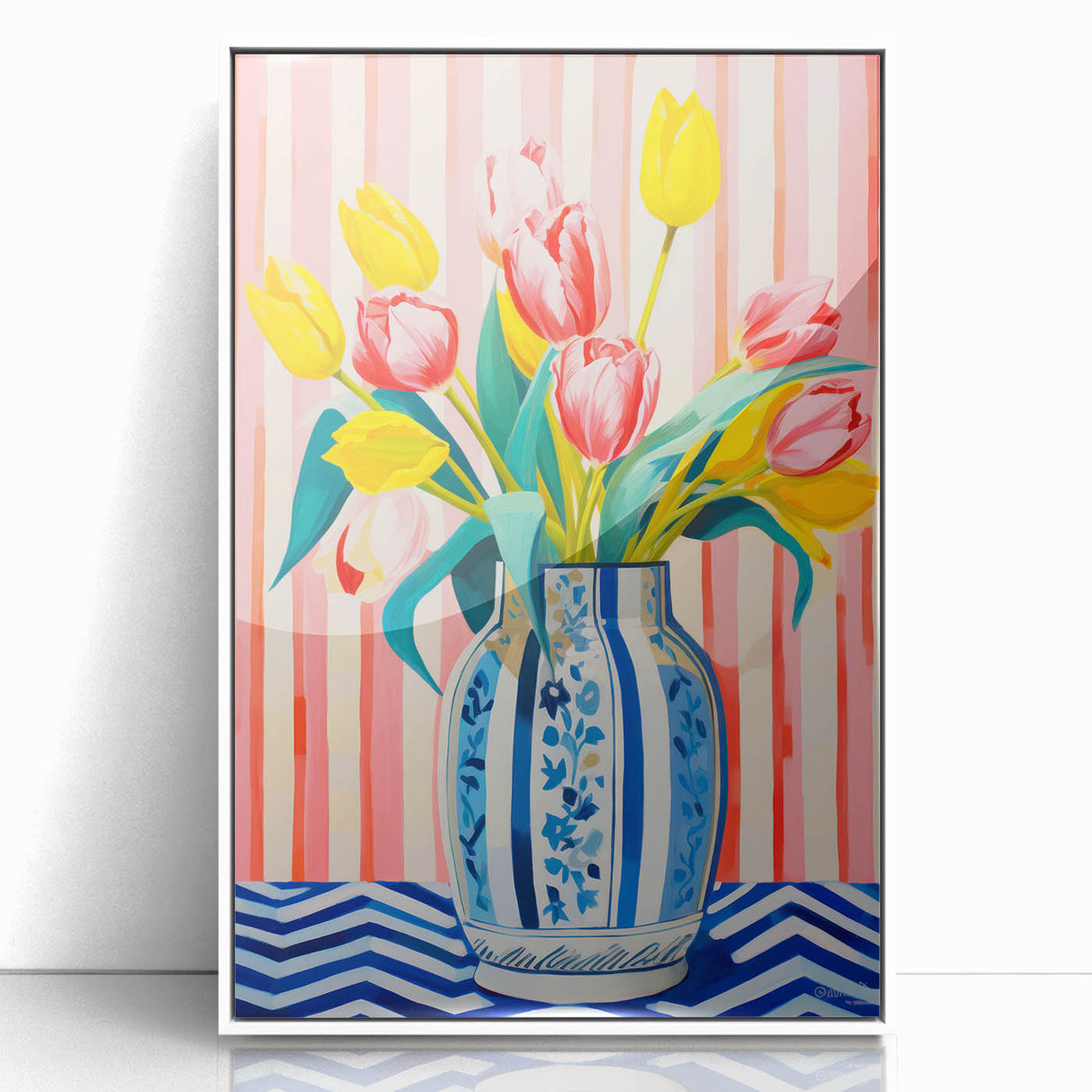 Maximalist Floral Wall Art with Vibrant Tulips in Blue and White Vase
