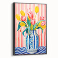 Maximalist Floral Wall Art with Vibrant Tulips in Blue and White Vase