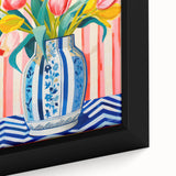 Maximalist Floral Wall Art with Vibrant Tulips in Blue and White Vase