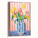 Maximalist Floral Wall Art with Vibrant Tulips in Blue and White Vase