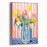 Maximalist Floral Wall Art with Vibrant Tulips in Blue and White Vase