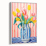 Maximalist Floral Wall Art with Vibrant Tulips in Blue and White Vase