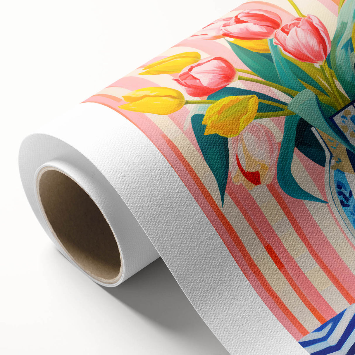 Maximalist Floral Wall Art with Vibrant Tulips in Blue and White Vase