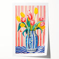 Maximalist Floral Wall Art with Vibrant Tulips in Blue and White Vase