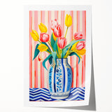 Maximalist Floral Wall Art with Vibrant Tulips in Blue and White Vase