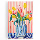 Maximalist Floral Wall Art with Vibrant Tulips in Blue and White Vase