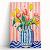 Maximalist Floral Wall Art with Vibrant Tulips in Blue and White Vase