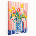 Maximalist Floral Wall Art with Vibrant Tulips in Blue and White Vase