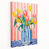 Maximalist Floral Wall Art with Vibrant Tulips in Blue and White Vase
