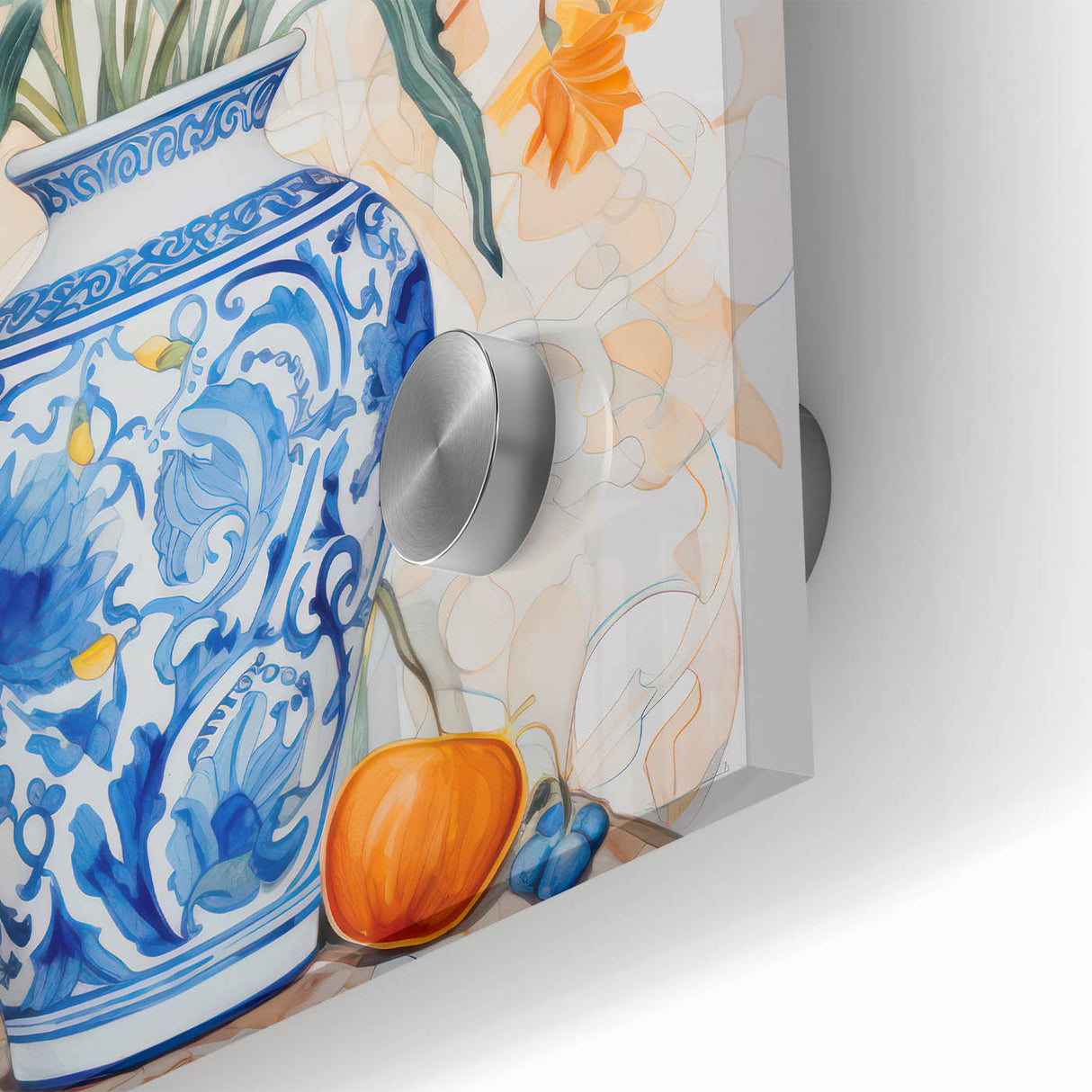 Maximalist Floral Wall Art with Bold Flowers in Intricate Blue Vase Design