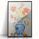 Maximalist Floral Wall Art with Bold Flowers in Intricate Blue Vase Design