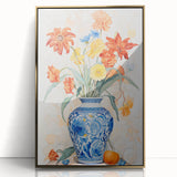Maximalist Floral Wall Art with Bold Flowers in Intricate Blue Vase Design
