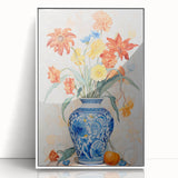 Maximalist Floral Wall Art with Bold Flowers in Intricate Blue Vase Design