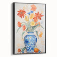 Maximalist Floral Wall Art with Bold Flowers in Intricate Blue Vase Design