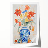 Maximalist Floral Wall Art with Bold Flowers in Intricate Blue Vase Design