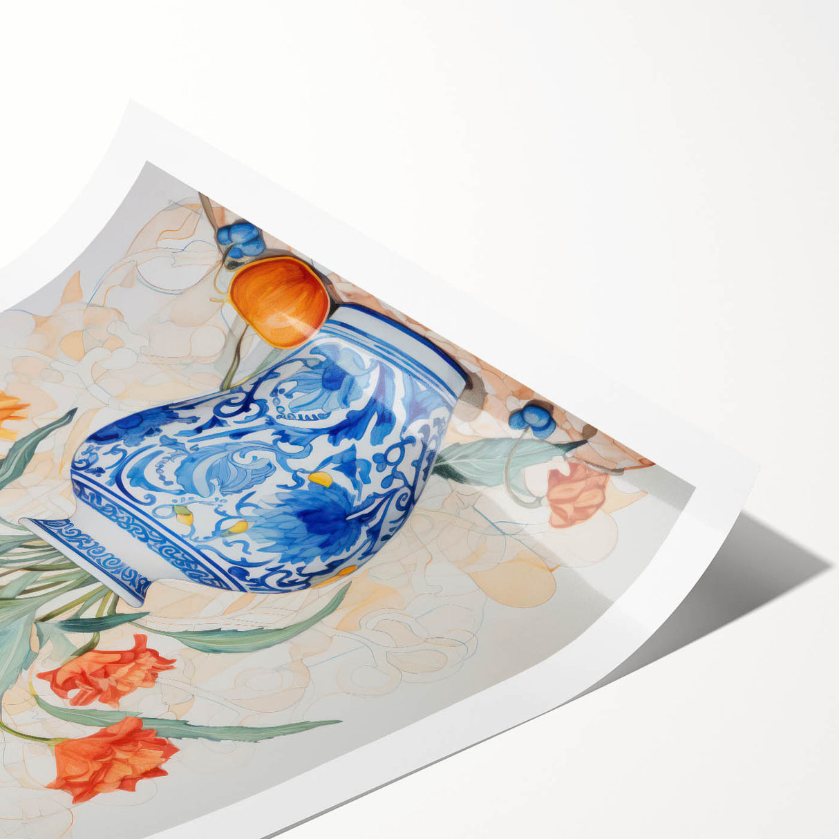 Maximalist Floral Wall Art with Bold Flowers in Intricate Blue Vase Design