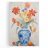 Maximalist Floral Wall Art with Bold Flowers in Intricate Blue Vase Design