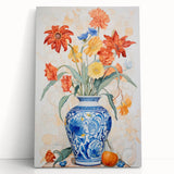 Maximalist Floral Wall Art with Bold Flowers in Intricate Blue Vase Design