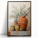 Maximalist Still Life Wall Art with Bold Terracotta Vases and Foliage
