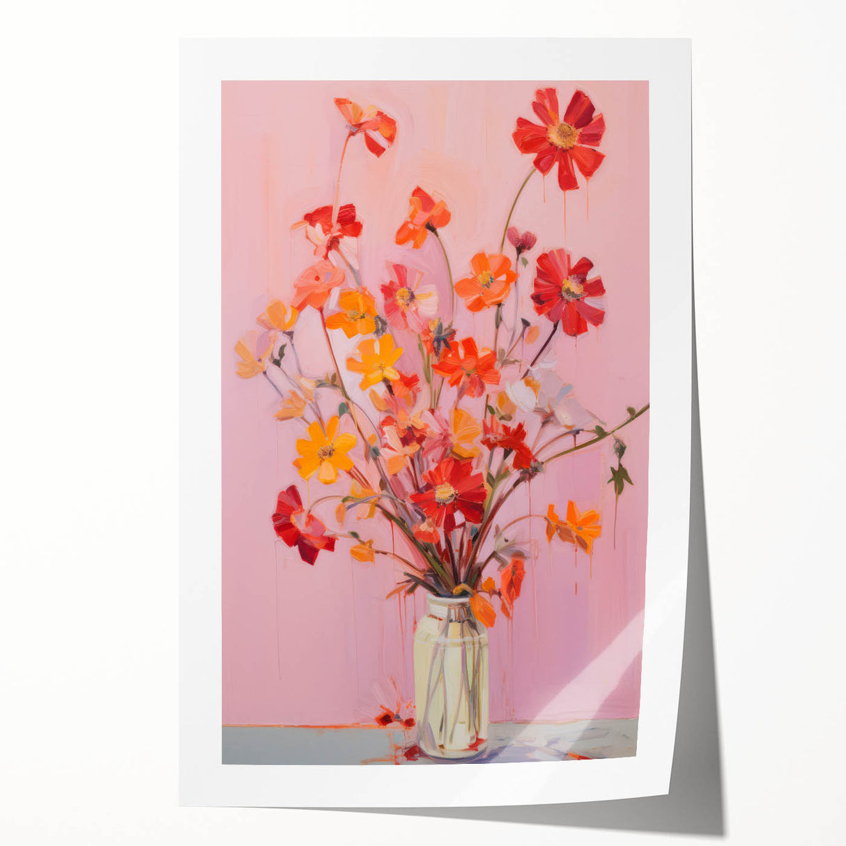 Maximalist Floral Wall Art with Bold Red and Yellow Flowers in Vase Design
