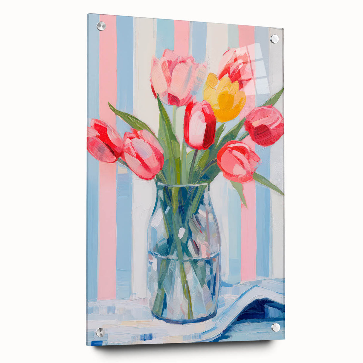 Maximalist Floral Wall Art with Vibrant Tulips and Colorful Striped Design
