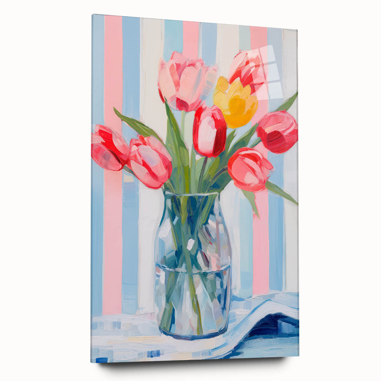 Maximalist Floral Wall Art with Vibrant Tulips and Colorful Striped Design