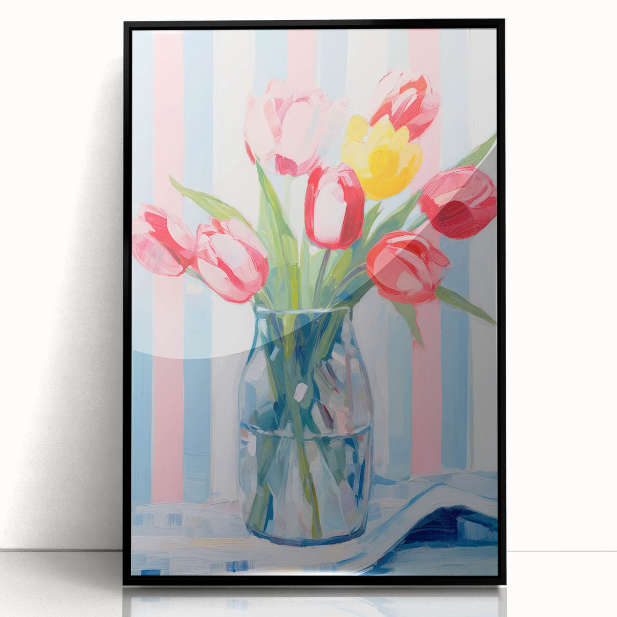 Maximalist Floral Wall Art with Vibrant Tulips and Colorful Striped Design