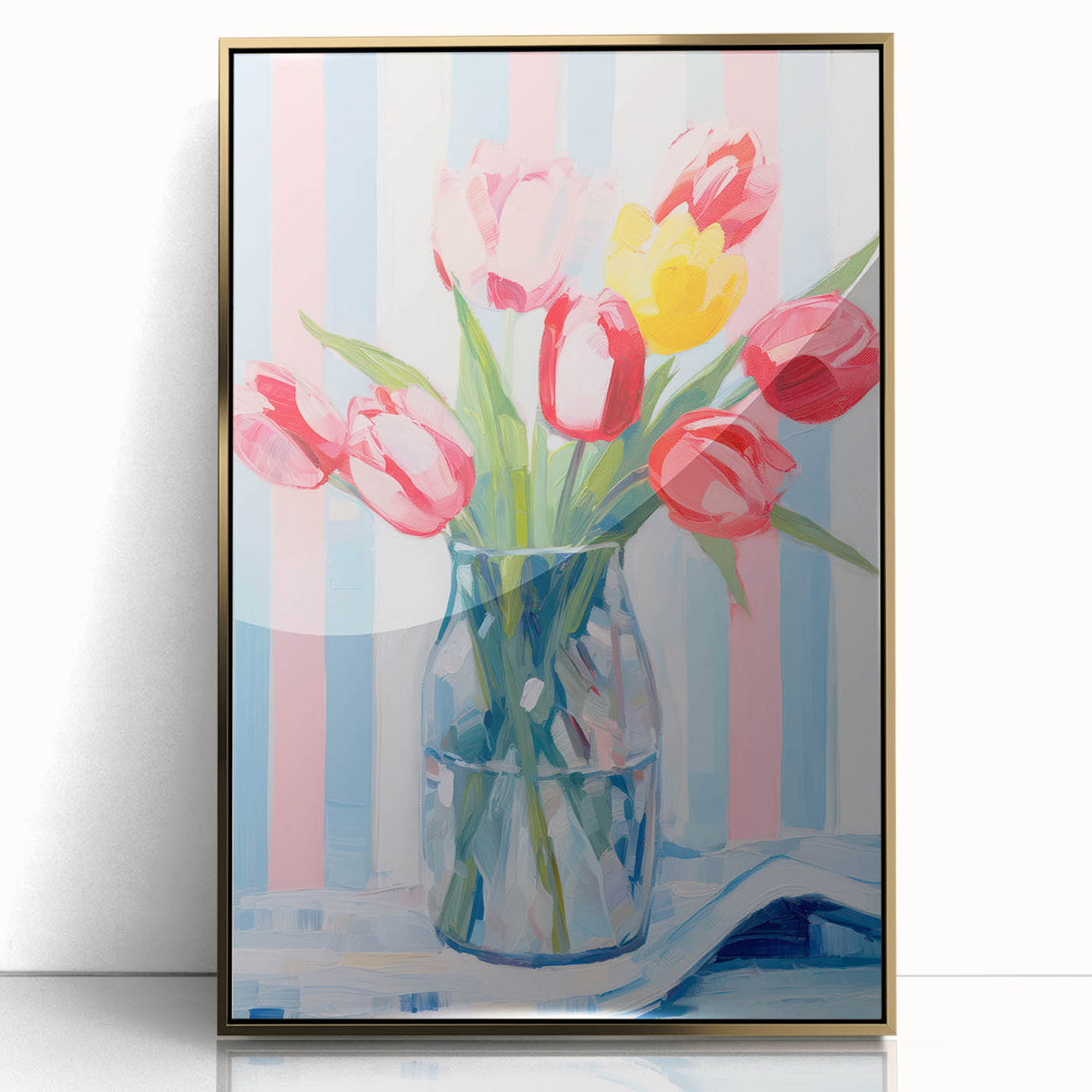 Maximalist Floral Wall Art with Vibrant Tulips and Colorful Striped Design