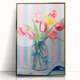 Maximalist Floral Wall Art with Vibrant Tulips and Colorful Striped Design