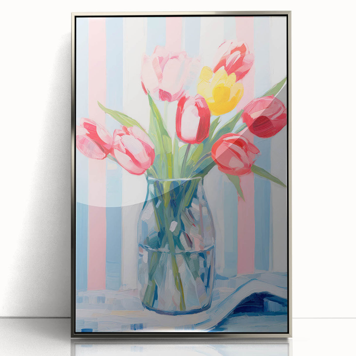 Maximalist Floral Wall Art with Vibrant Tulips and Colorful Striped Design