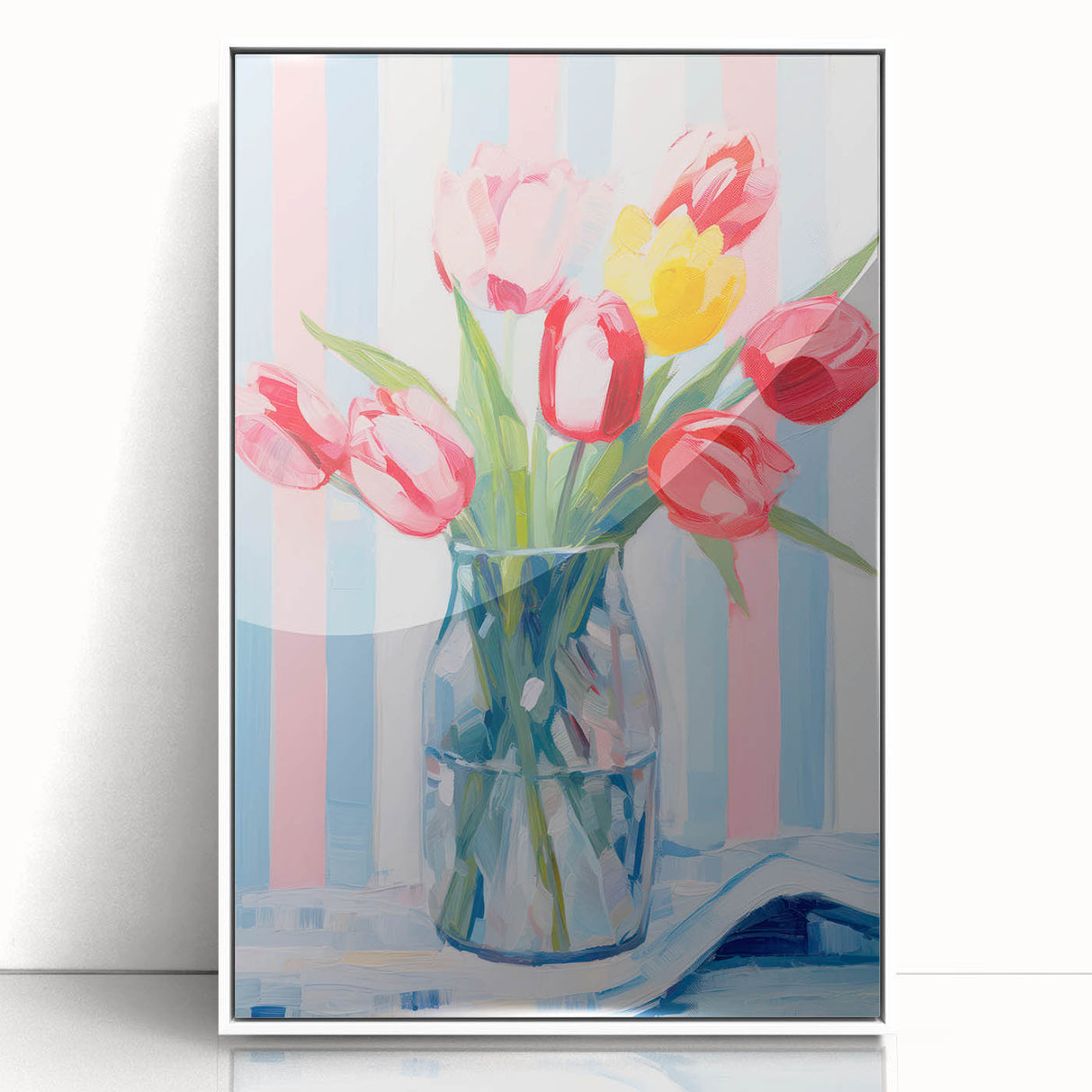 Maximalist Floral Wall Art with Vibrant Tulips and Colorful Striped Design