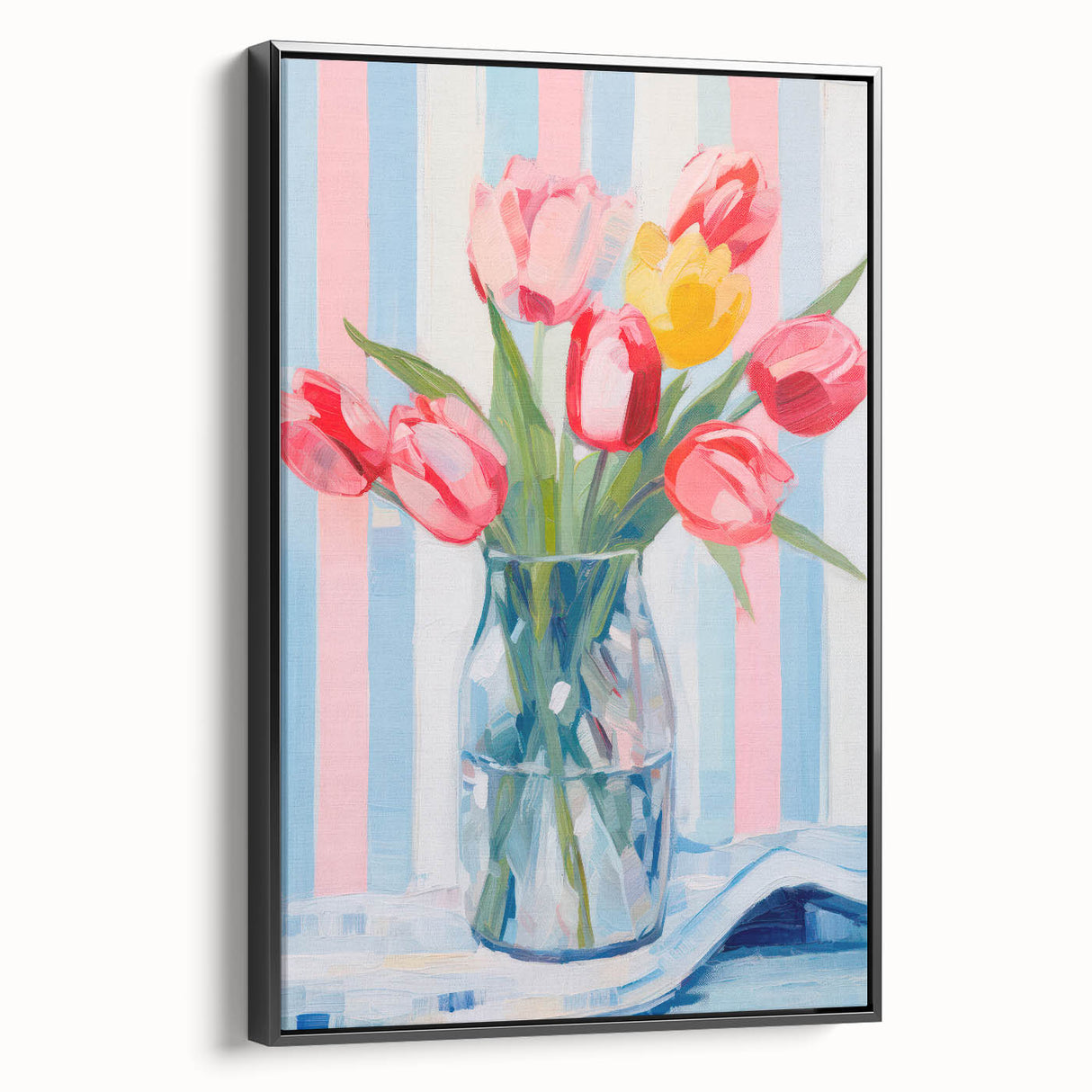 Maximalist Floral Wall Art with Vibrant Tulips and Colorful Striped Design