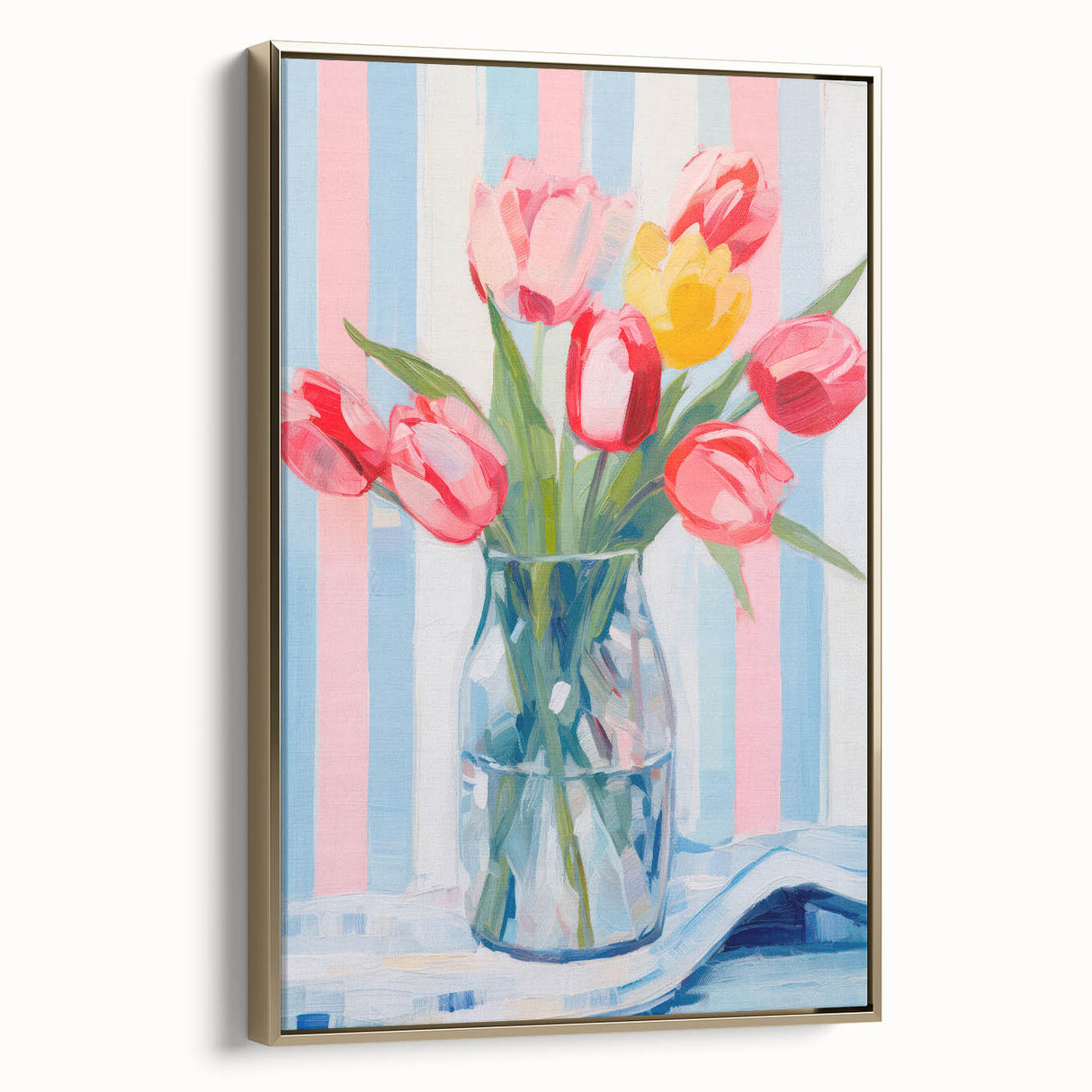Maximalist Floral Wall Art with Vibrant Tulips and Colorful Striped Design