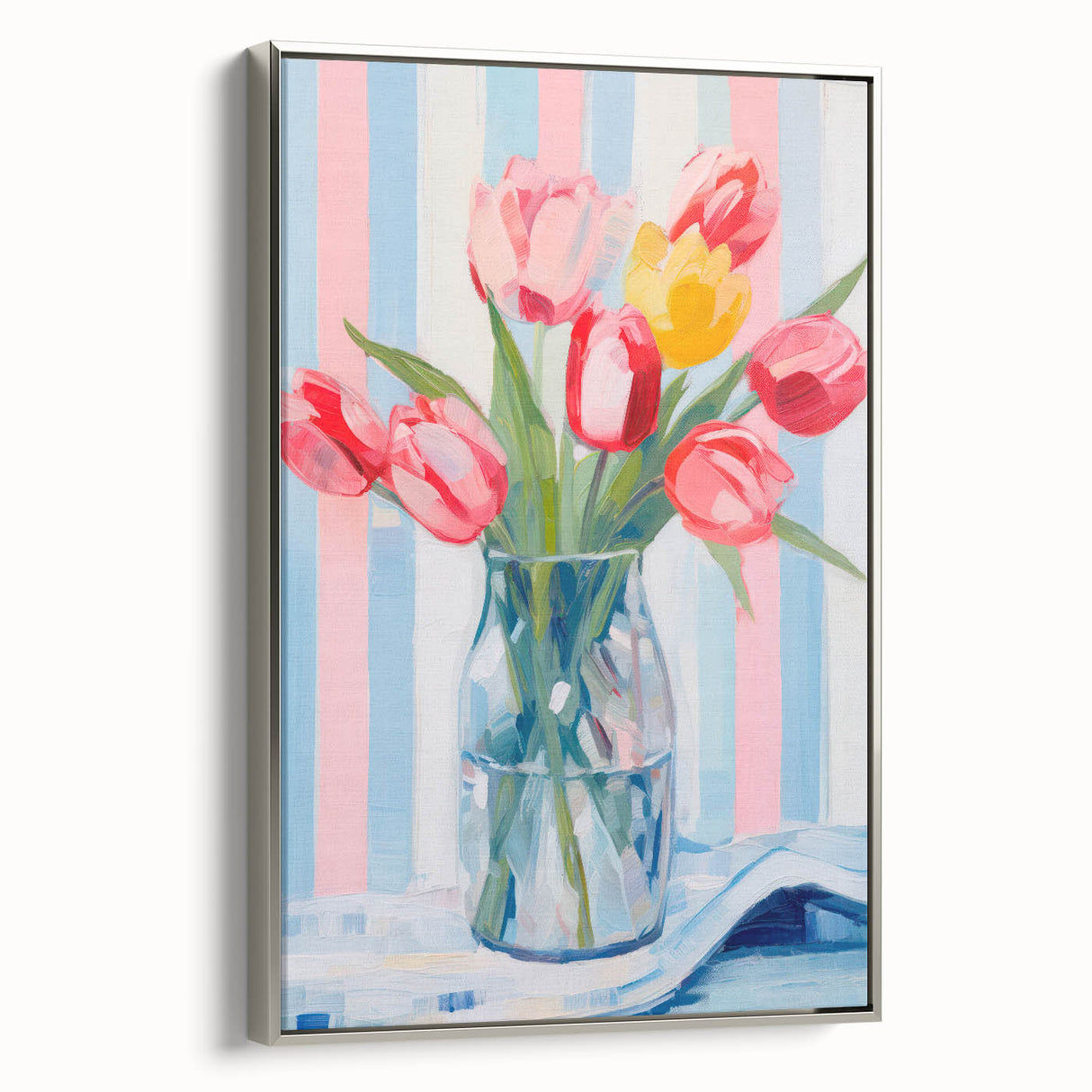 Maximalist Floral Wall Art with Vibrant Tulips and Colorful Striped Design