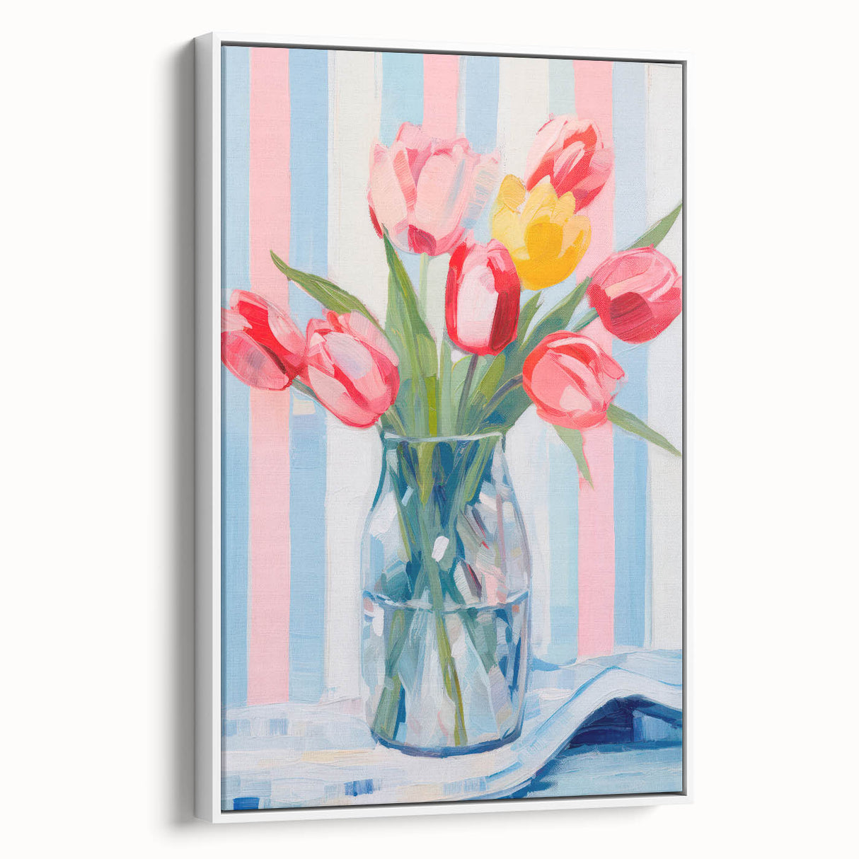 Maximalist Floral Wall Art with Vibrant Tulips and Colorful Striped Design