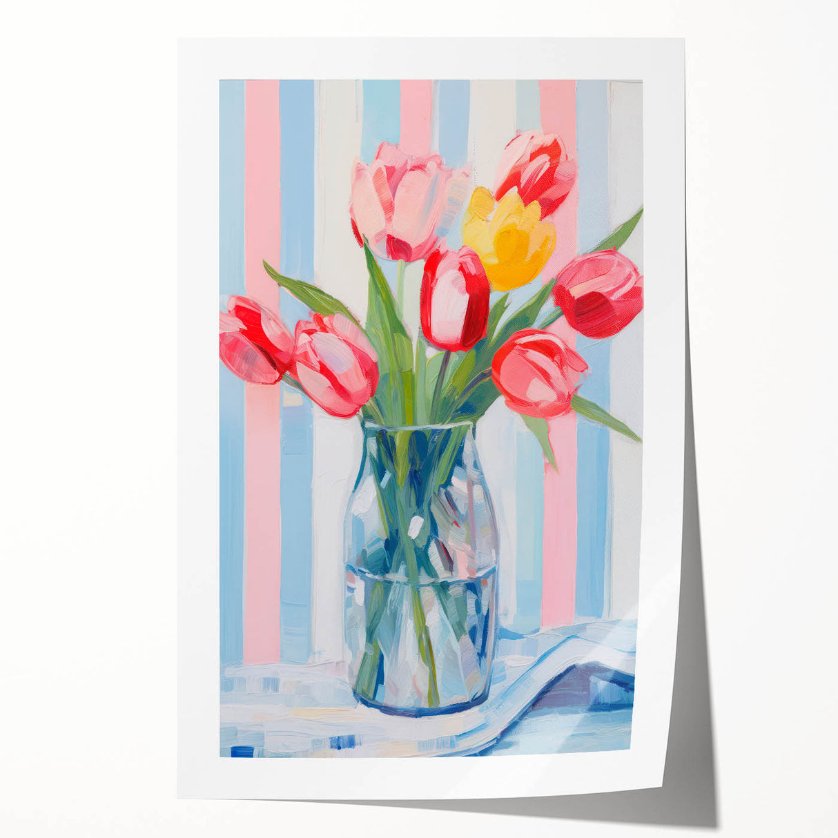 Maximalist Floral Wall Art with Vibrant Tulips and Colorful Striped Design