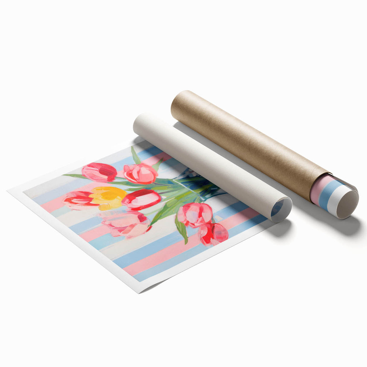 Maximalist Floral Wall Art with Vibrant Tulips and Colorful Striped Design