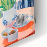 Maximalist Floral Still Life Wall Art with Red Tulips and Tea Setting