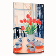 Maximalist Floral Still Life Wall Art with Red Tulips and Tea Setting
