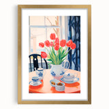 Maximalist Floral Still Life Wall Art with Red Tulips and Tea Setting