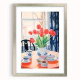 Maximalist Floral Still Life Wall Art with Red Tulips and Tea Setting