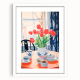 Maximalist Floral Still Life Wall Art with Red Tulips and Tea Setting