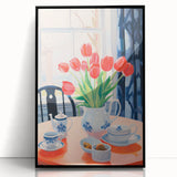 Maximalist Floral Still Life Wall Art with Red Tulips and Tea Setting