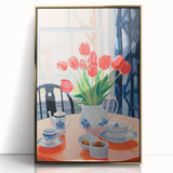 Maximalist Floral Still Life Wall Art with Red Tulips and Tea Setting