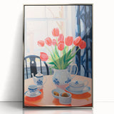 Maximalist Floral Still Life Wall Art with Red Tulips and Tea Setting
