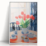 Maximalist Floral Still Life Wall Art with Red Tulips and Tea Setting