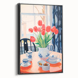 Maximalist Floral Still Life Wall Art with Red Tulips and Tea Setting