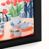 Maximalist Floral Still Life Wall Art with Red Tulips and Tea Setting