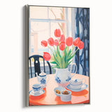 Maximalist Floral Still Life Wall Art with Red Tulips and Tea Setting