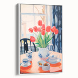 Maximalist Floral Still Life Wall Art with Red Tulips and Tea Setting
